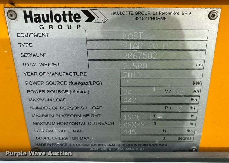 image for item YA0203 2019 Haulotte Star 20 AC E vertical lift