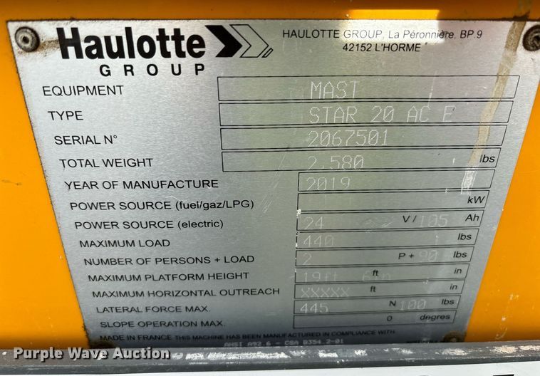 image for item YA0204 2019 Haulotte Star 20 AC E vertical lift