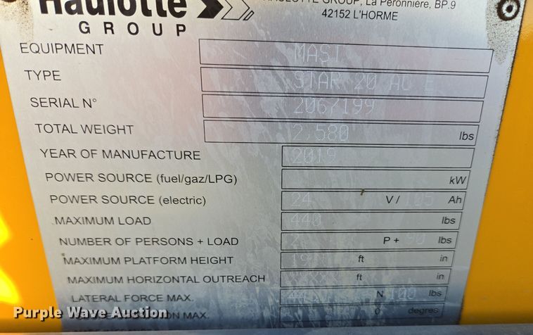 image for item YA0205 2019 Haulotte Star 20 AC E vertical lift