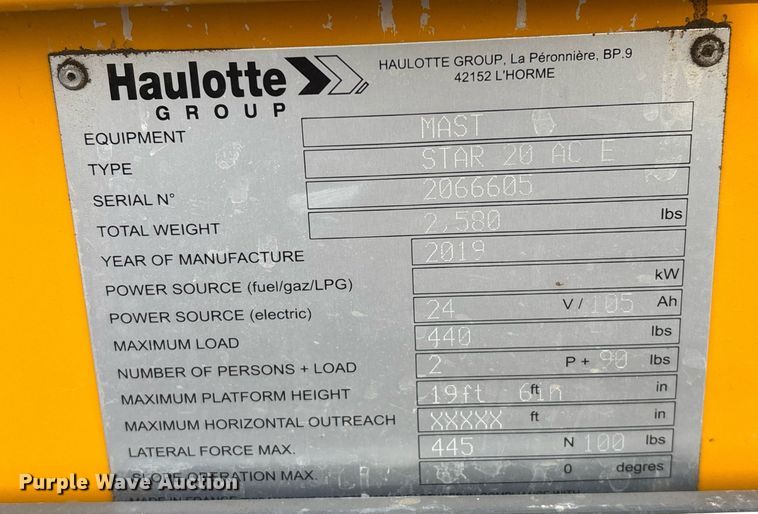 image for item YA0207 2019 Haulotte Star 20 AC E vertical lift