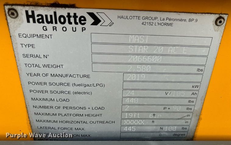 image for item YA0208 2019 Haulotte Star 20 AC E vertical lift