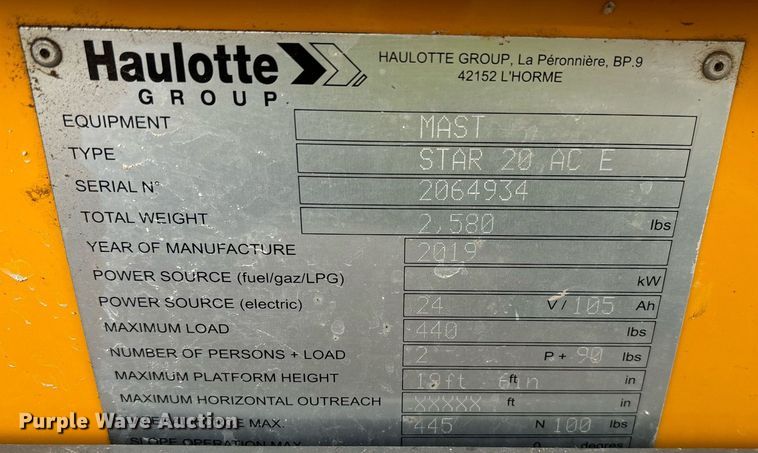 image for item YA0209 2019 Haulotte Star 20 AC E vertical lift