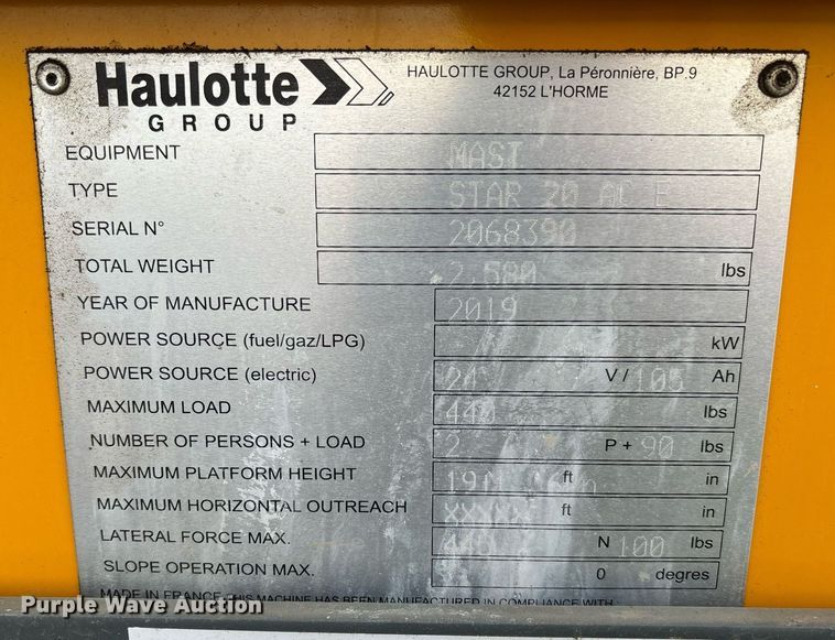 image for item YA0212 2019 Haulotte Star 20 AC E vertical lift