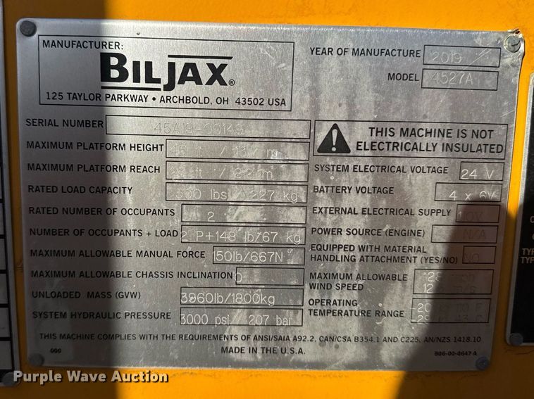 image for item YA0213 2019 Biljax 4527A boom lift