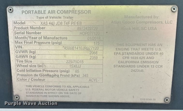 image for item YA0214 2018 Atlas Copco XAS 440 JD8 T4F air compressor