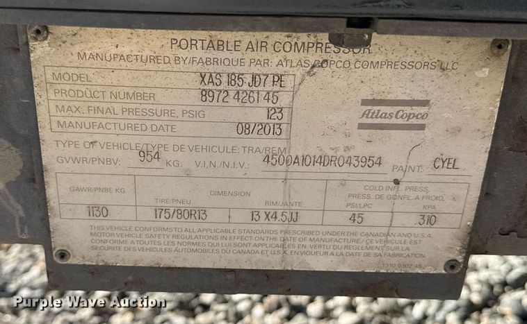 image for item YA0216 2013 Atlas Copco XAS 185 JD7PE air compressor