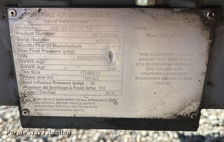 image for item YA0217 2016 Atlas Copco XAS 185 KD7 PE T4F air compressor