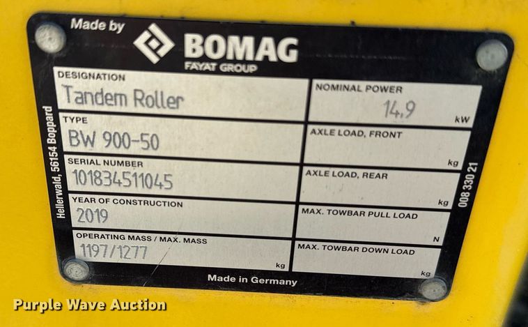 image for item YA0224 2019 Bomag BW 900-50 double drum vibratory roller