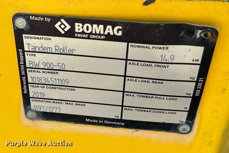 image for item YA0225 2019 Bomag BW900-50 double drum vibratory roller