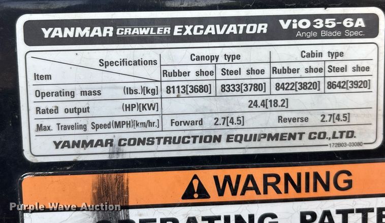 image for item YA0229 2019 Yanmar VIO35-6A mini excavator