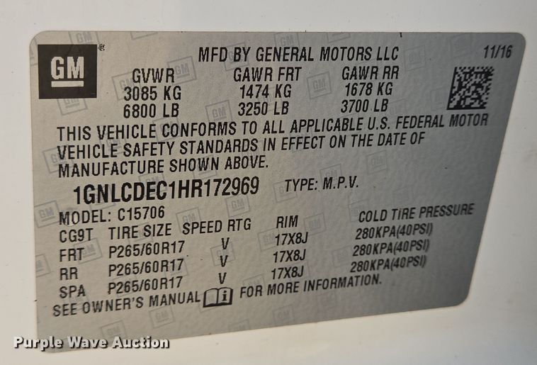 image for item DV1252 2017 Chevrolet Tahoe Police SUV