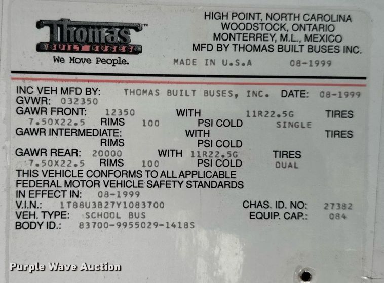 image for item DW2489 2000 Thomas MVP-EF school bus