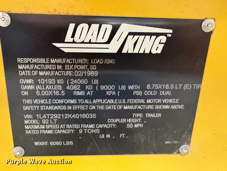 image for item DW2496 1989 Load King 92 LT equipment trailer