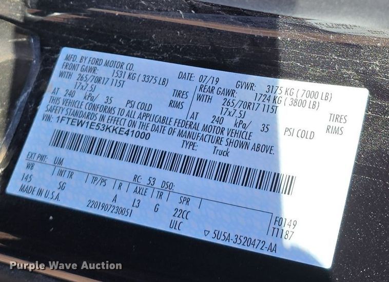 image for item DW3056 2019 Ford F150 SuperCrew pickup truck