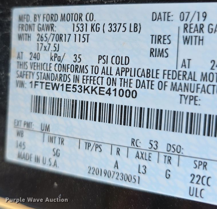 image for item DW3056 2019 Ford F150 SuperCrew pickup truck