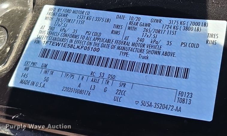 image for item DW3057 2020 Ford F150 SuperCrew pickup truck