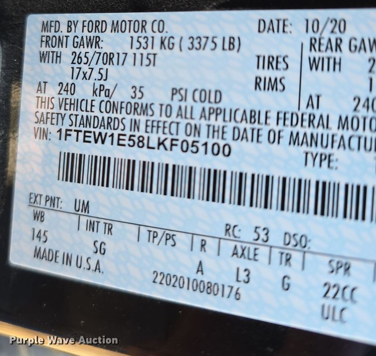 image for item DW3057 2020 Ford F150 SuperCrew pickup truck