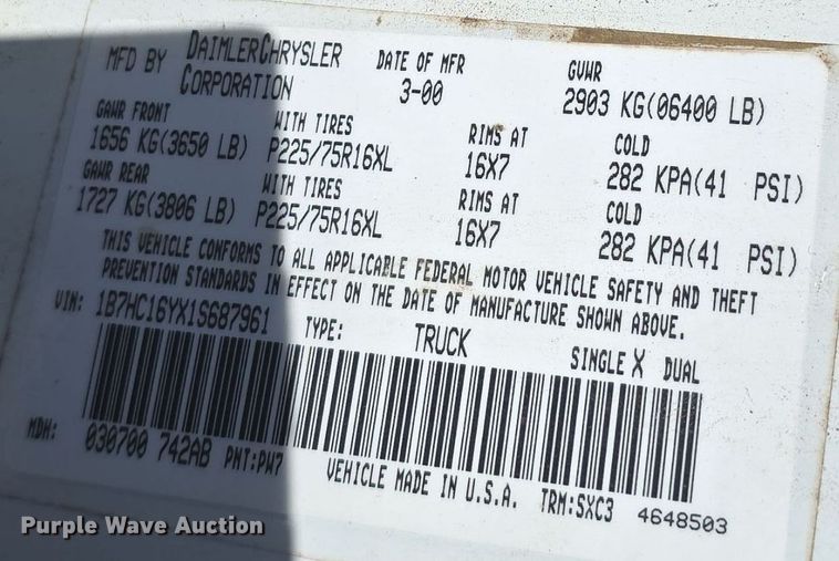 image for item DW3069 2001 Dodge Ram 1500 pickup truck