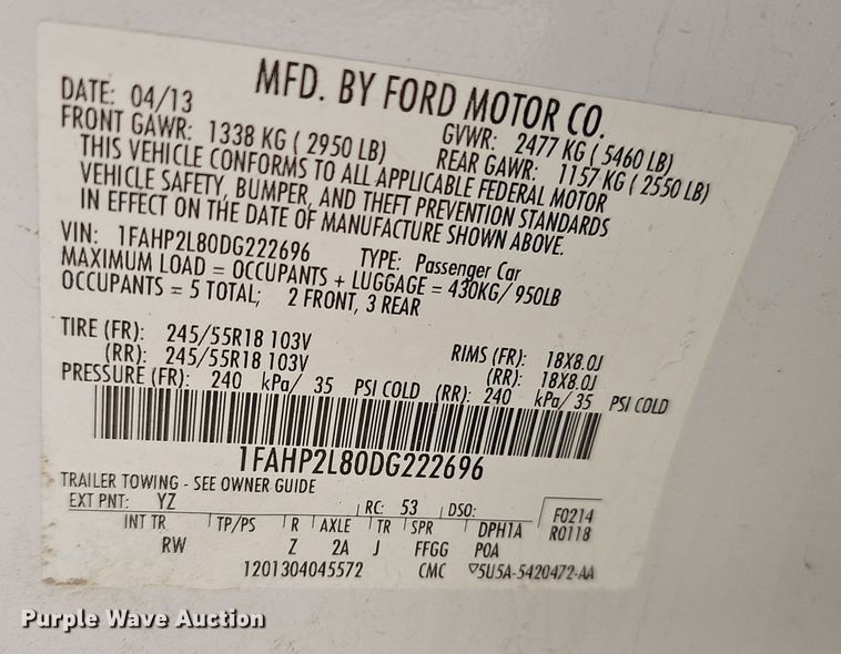 image for item DW3070 2013 Ford Taurus Police Interceptor 