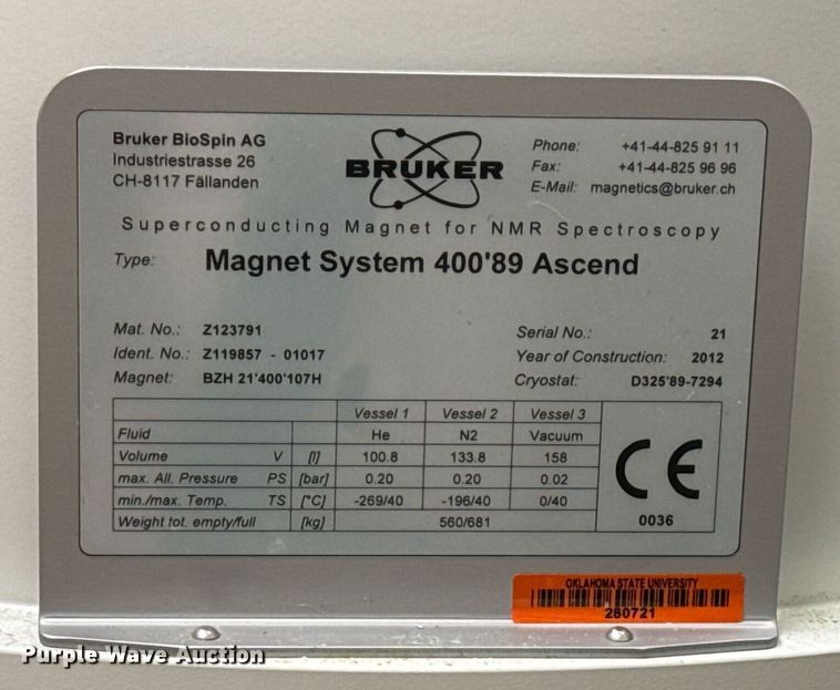 image for item EG7976 2012 Bruker 400'89 Ascend magnet system