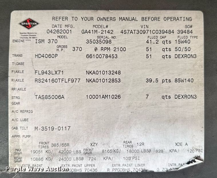 image for item EG7984 2001 Spartan pumper fire truck