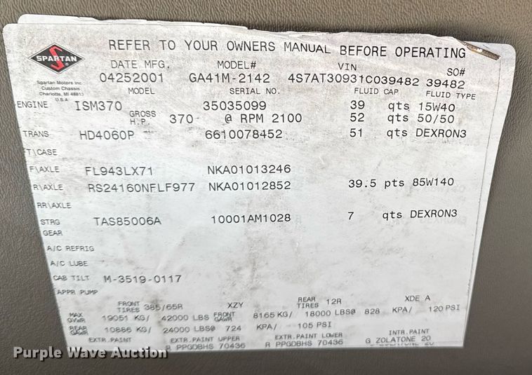 image for item EG7986 2001 Spartan Gladiator pumper fire truck