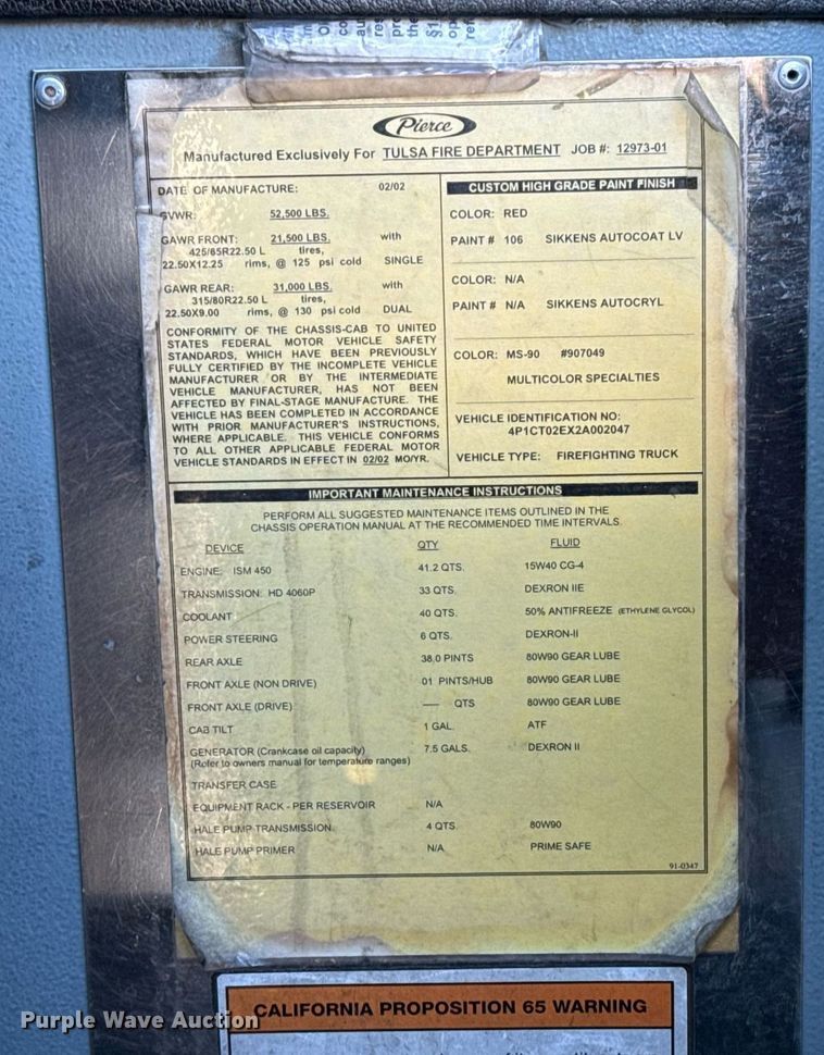 image for item EG7988 2002 Pierce ladder fire truck