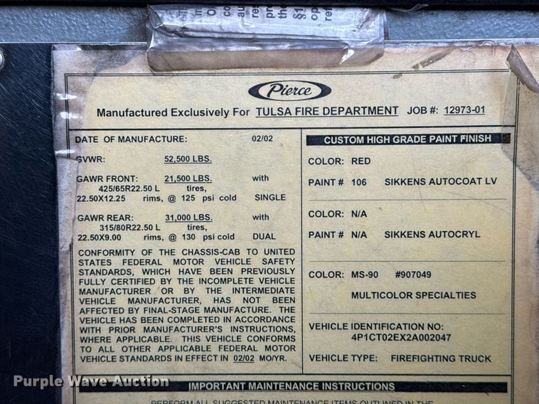 image for item EG7988 2002 Pierce ladder fire truck