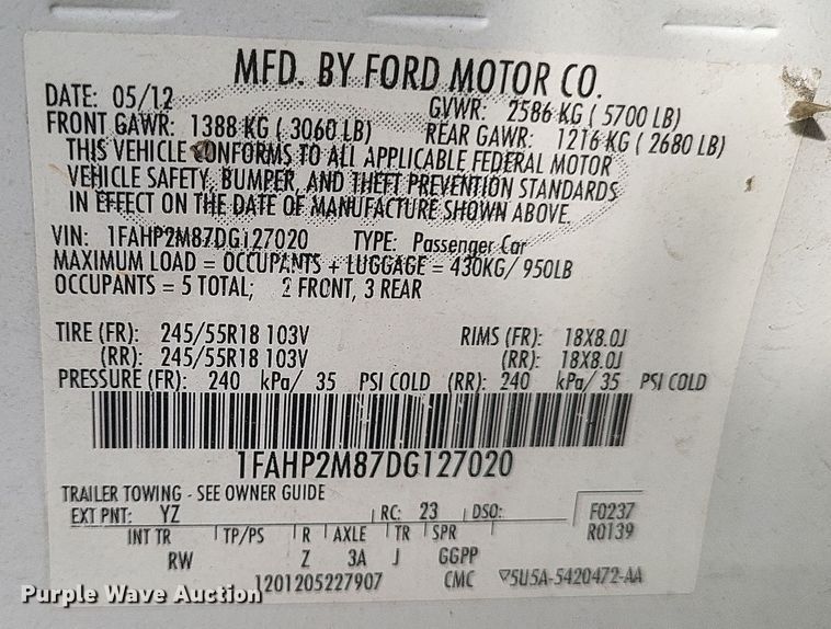 image for item EJ8174 2013 Ford Taurus Police Interceptor 