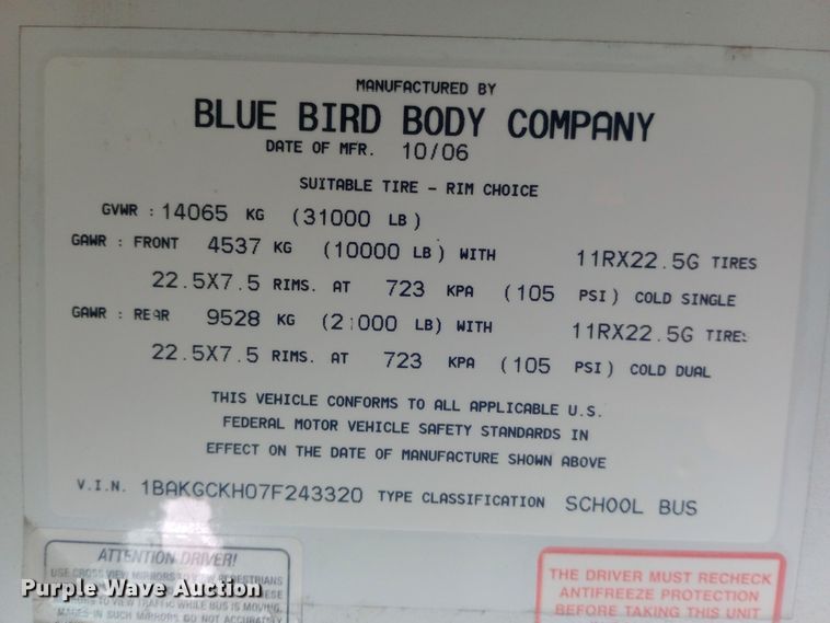 image for item EO0516 2007 Blue Bird  Vision school bus