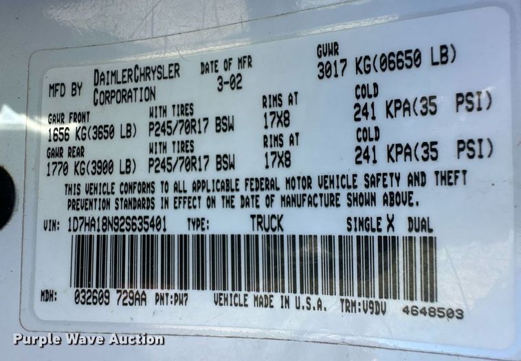 image for item ER8639 2002 Dodge Ram 1500 Quad Cab pickup truck