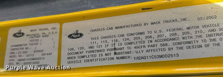 image for item LH9439 2003 Mack CV713 dump truck