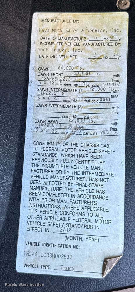 image for item LH9442 2003 Mack CV713 dump truck