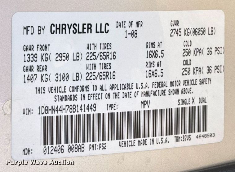 image for item NN9522 2008 Dodge Grand Caravan SE van