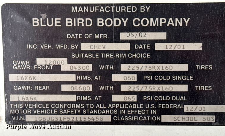 image for item NN9526 2002 Chevrolet Express G3500 school bus