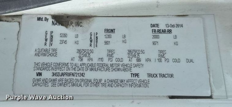 image for item DN0951 2015 International  ProStar 122 semi truck