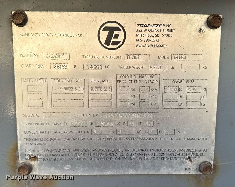 image for item DW2483 2013 Trail-eze TE70HT drop deck hydraulic tail equipment trailer