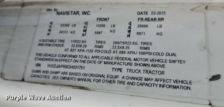 image for item EI8614 2016 International ProStar 122 semi truck