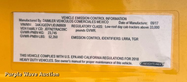 image for item ER4857 2018 Freightliner Cascadia 125 semi truck