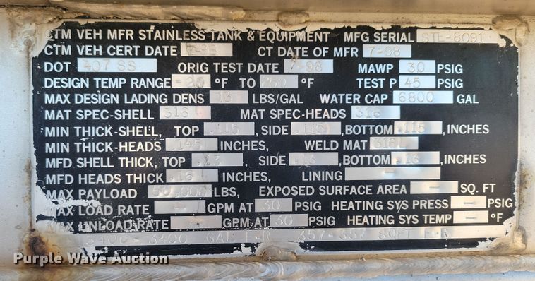 image for item NB9760 1998 Stainless Tank & Equipment  tank trailer