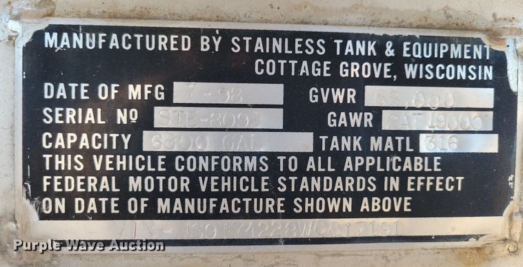 image for item NB9760 1998 Stainless Tank & Equipment  tank trailer