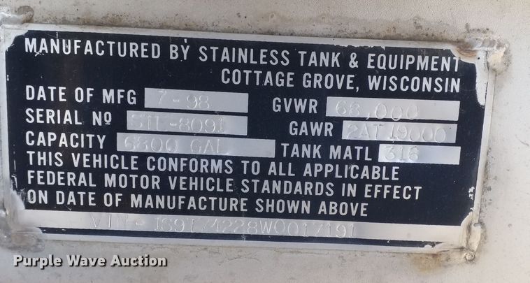 image for item NB9760 1998 Stainless Tank & Equipment  tank trailer