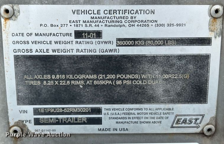 image for item NJ9738 2002 East XLS end dump trailer