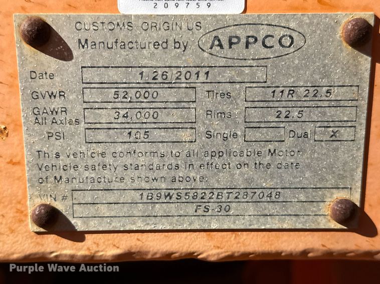 image for item DJ0857 2011 NOV Appco FS-30 frac sander trailer