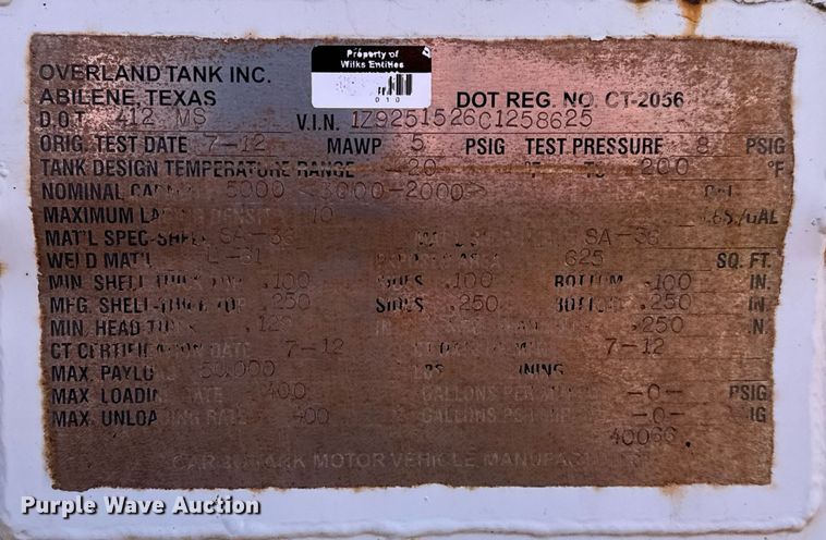 image for item DJ0867 2012 Overland acid tank trailer