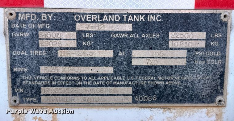 image for item DJ0867 2012 Overland acid tank trailer