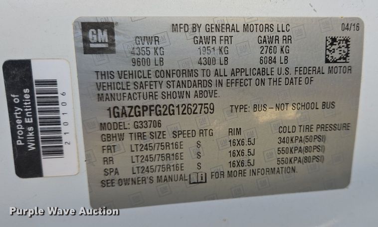 image for item DJ0876 2016 Chevrolet Express 3500 van