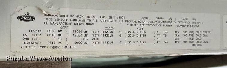 image for item DJ0891 2005 Mack CXN613 semi truck