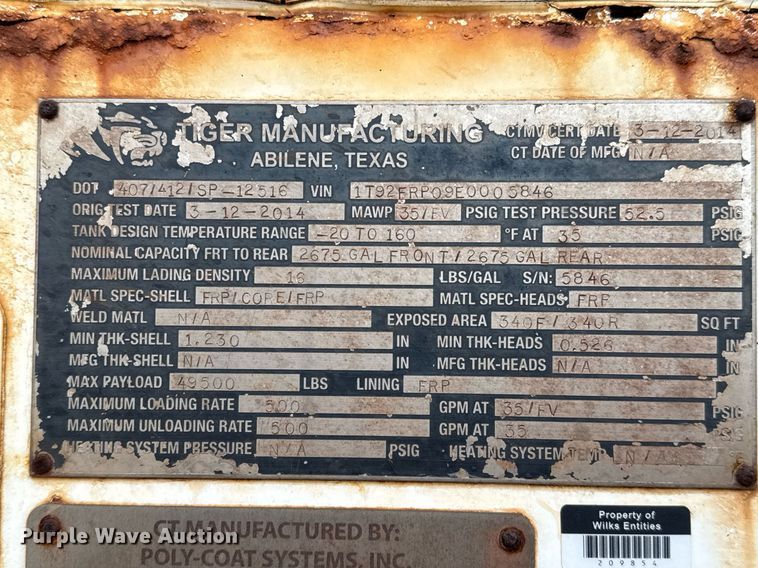 image for item DJ0892 2014 Tiger acid tank trailer