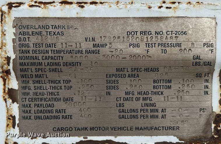 image for item DJ0895 2011 Overland acid tank trailer